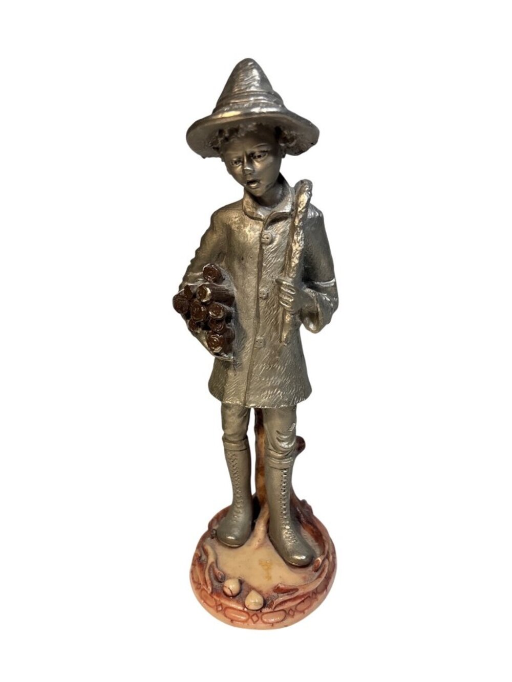 Peltra Italy Pewter Figurine Boy Carrying Firewood Cesellato A Mano Heavy Vintag